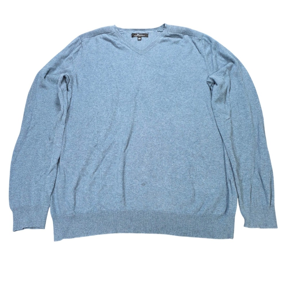 Marc Anthony Cotton Cashmere Sweater Men's Size XXL Blue  Ribbed Shoulder V-Neck
